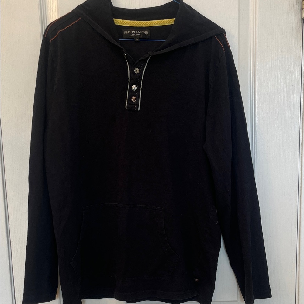 Free Planet Black Henley Hoodie with Orange Accent